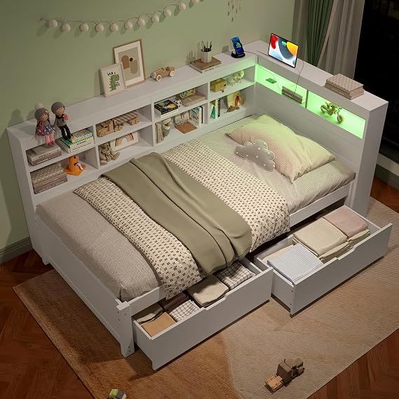 3ft Single Daybed with 2 Drawers and Beside Storage, LED Modern Bed frame with Charging Station, Wood Bed for Living Room/Bedroom (No Mattress)