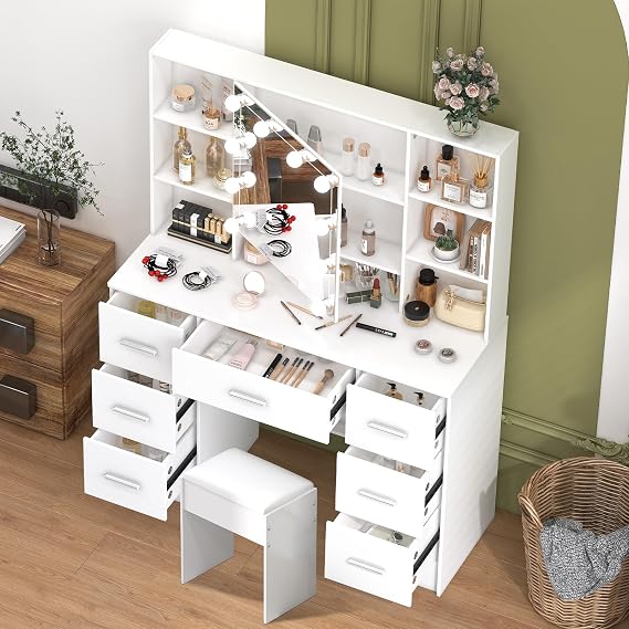 White Dressing Table with 10 Dimmable LED Bulbs, Modern Vanity Desk with 7 Drawers and Stool, 6 Open Shelves, White 100x140x40 cm