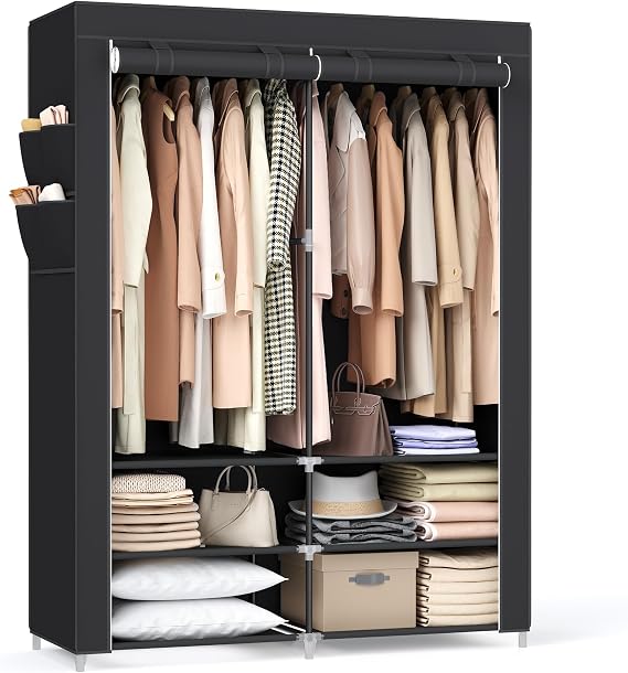 SONGMICS Clothes Wardrobe, Portable Closet, 2 Hanging Rails, Shelves
