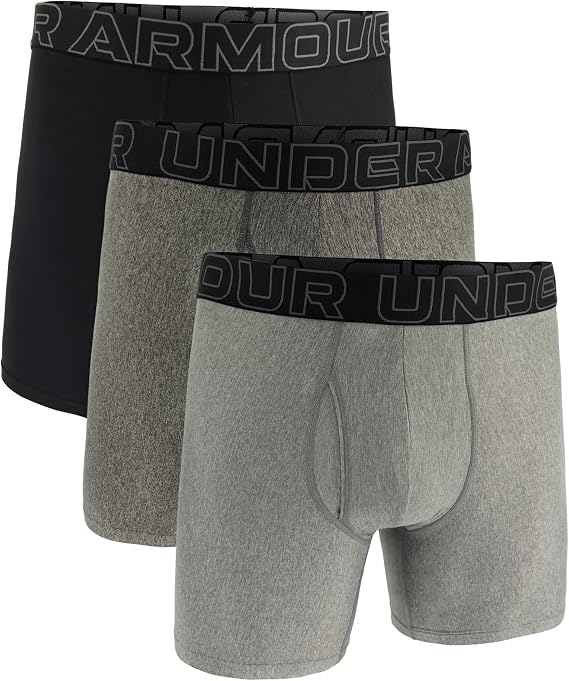 Under Armour Men's 3-Pack Performance Tech Boxer Brief with 6" Inseam, Breathable, Moisture Wicking, Soft Touch, All-Day Comfort, Black/Dark Grey/Grey, XL