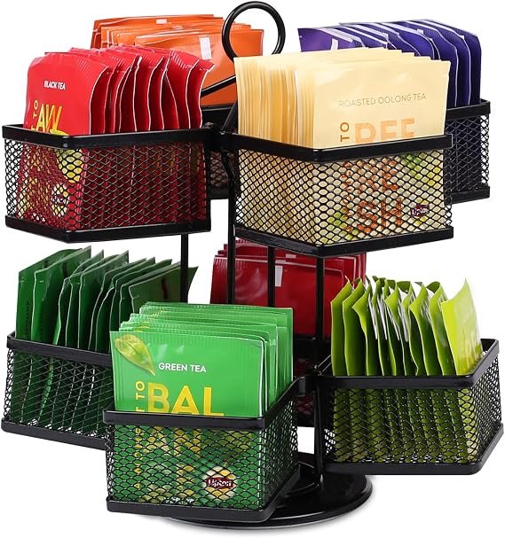 Tea Storage with 8 Compartments Tea Box 360˚ Rotating Tea Bag Storage Box 2 Tier Turntable Organiser Lazy Susan Tea Box Tea Box for Tea Bags Coffee Pod Black