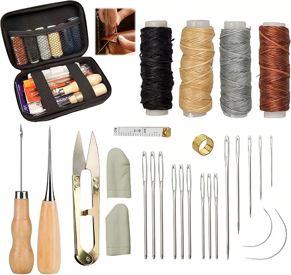 Leather Sewing Kit, 33PCS Awl, Needles and Thread Set for Hand Repair