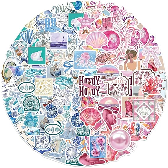 100 Pack Blue & Pink Seaside Stickers - Summer Beach Ocean Theme Waterproof Vinyl Decals for Teen Girls | Laptops, Water Bottles, Luggage, Skateboards