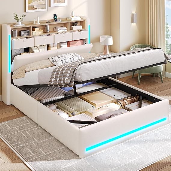 AOGLLATI Ottoman Bed Double with Storage and Led Lights,135x190CM,Beige