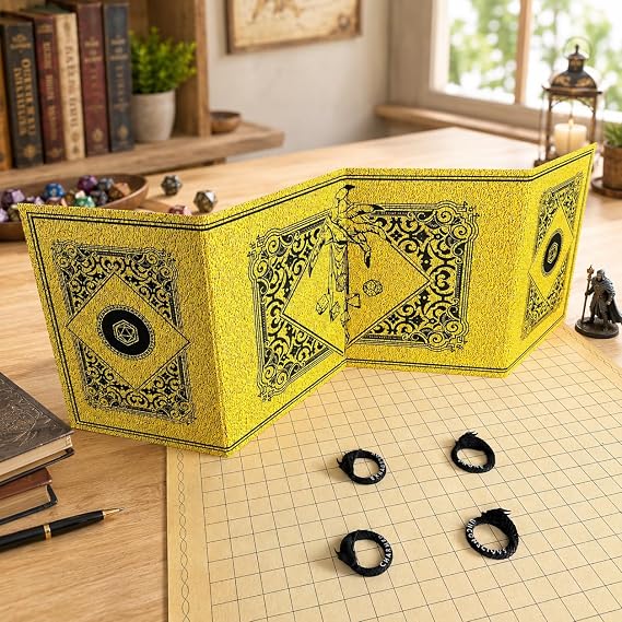 DND DM Screen 4 Panel, Gold Fantasy Dungeon Master Screen with Inserts