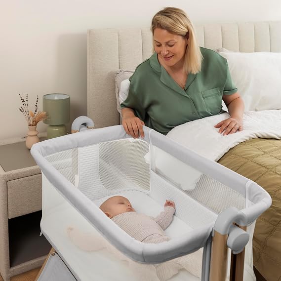Obaby Cloud Bedside Crib – Grey, Compact Baby Cot with Adjustable Base & Breathable Mesh Sides