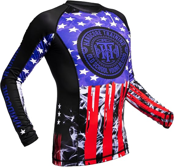 Hardcore Training Mens BJJ MMA Rash Guard Long Sleeve Compression Shirt