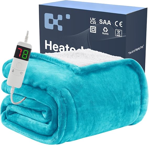 BOMOVA Electric Heated Blanket Single Throw (130x160cm,Teal)-Flannels Fleece Winter Warm Blanket,10-Level Heating & 5 Auto Timer,Cozy Sofa Throw for Home Office,Xmas House Warming New Home Gifts