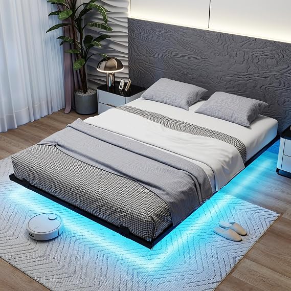 COSTWAY Double/King Size Floating Bed Frame with LED Lights, 4FT6/5FT Metal Platform Beds, Steel Slat Support Bed Base Mattress Foundation, Noise Free, No Box Spring Needed (Black, Double-135x190cm)