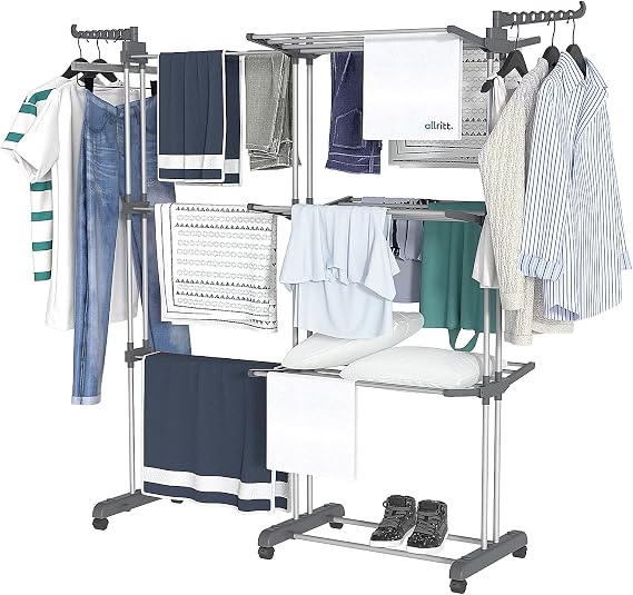 Large Clothes Drying Rack, 48kg Heavy-Duty Foldable Garment Airer, 28M Drying Space with 30 Rails & 14 Hooks, Adjustable Laundry Rack for Indoor/Outdoor Use, Wheels & Retractable Design
