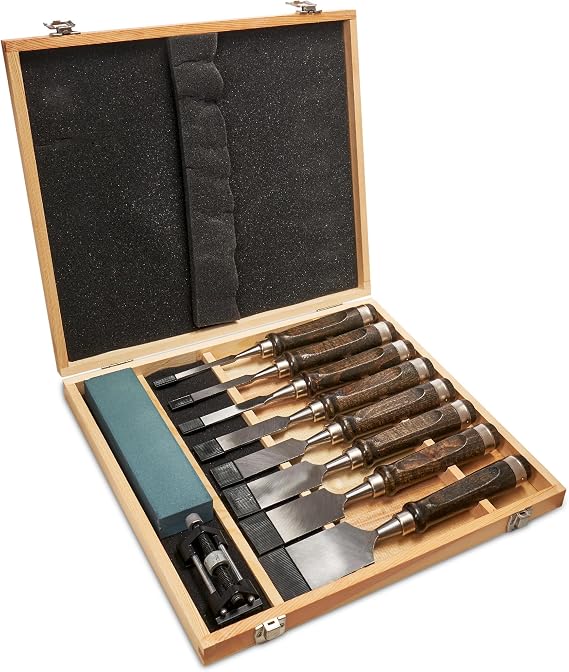 8-Piece Chisel Set for Wood Chisel Sharpening Stone Set Woodworking Tools Wood Carving Hand Chisels Tool Woodworking Black Walnut with Sharpener Wood Chisels Set