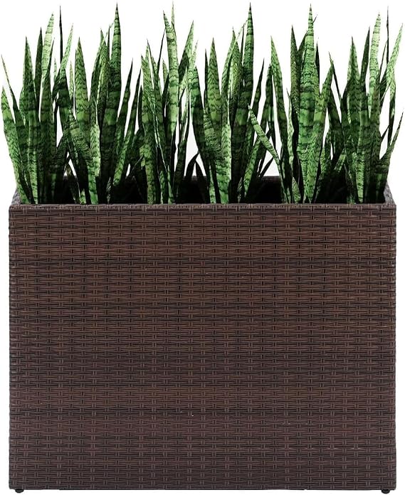 Rectangular Tall Rattan Wicker Planter - Removable Liner for Indoor or Outdoor Plant Pots - Front Porch, Garden, Yard, Patio - 61cm (H) x 81cm (W) x 28cm (D) (Brown)