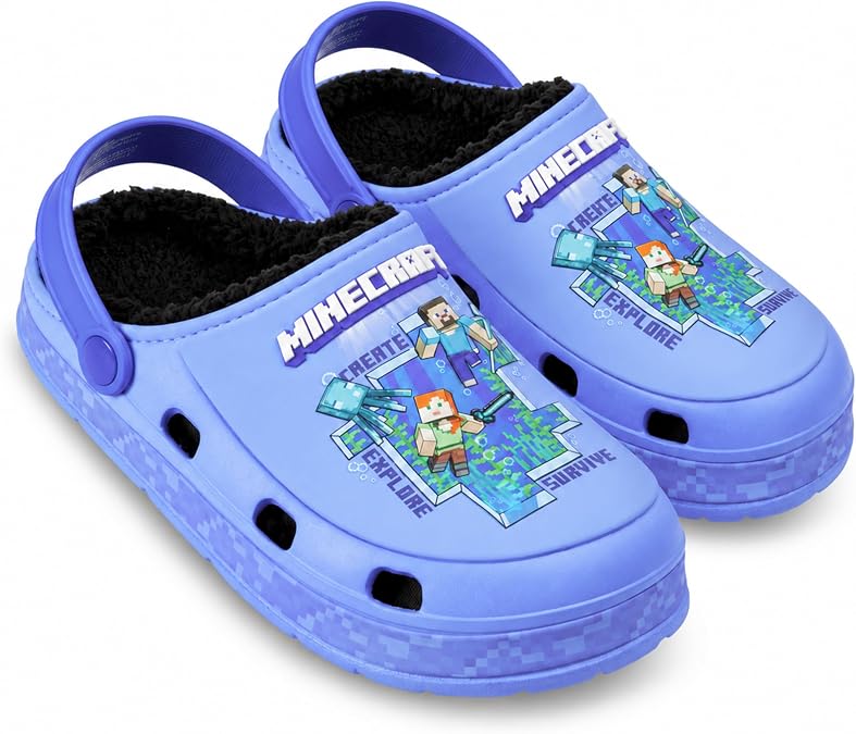 Get Trend Minecraft Boys Clogs with Soft & Warm Fleece Lining, UK Size 10-6 Indoor Outdoor Slip on Mules with Minecraft Graphics, Lightweight EVA Sandals Sliders, Kids Garden Shoes, Gifts for Boys
