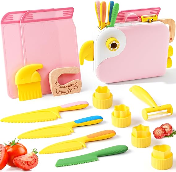 Yeeammk 13PCS Toddler Knife Set with Playful Bird Organizer, Montessori Real Cooking Tools for Kids with Safe PP Material for Educational Fun (Pink)