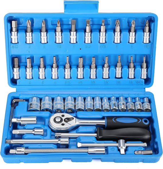 46PCS Ratchet Socket Set 1/4" Drive Socket Wrench Set, Cr-V Metric Ratchet Wrench Tool with Extension Bar and 72 Teeth Reversible Ratchet Spanner for Auto Repair and Home Maintenance (Blue)