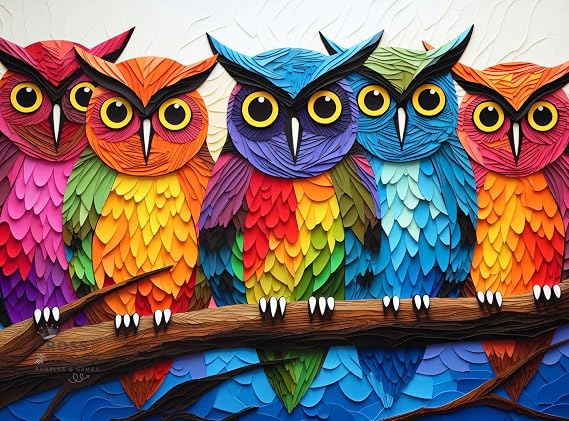 Kaleidoscopic Owls: Colorful Night's Watch from Cross & Glory - 1000 Piece Owl Jigsaw Puzzle, Eco-Friendly, with Satin Finish for Adults, CG-M-075, Rainbow