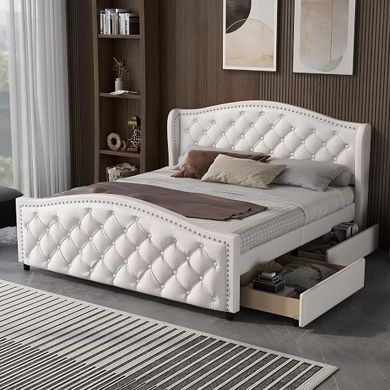 Merax Upholstered Bed with 2 Drawers (135 x 190cm) Headboard featuring Pull Point Rivets - Youth Bed/Guest Bed in Wood & Faux Leather White - Without Matress