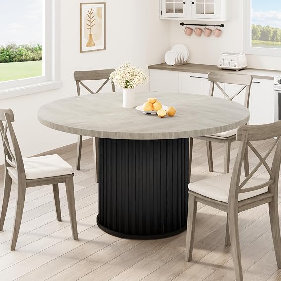 Garvee 47" Round Dining Table for 4-6 People, Wooden Kitchen Table with Sturdy Waveform Metal Pedestal Base, Industrial Circle Dinner Table Easy Assembly for Home, Dining Room, Apartment, Gray