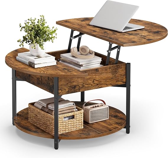 VASAGLE Round Coffee Table, Lift Top Table with Hidden Storage