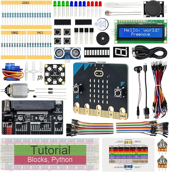 Freenove Super Starter Kit for BBC micro:bit (V2 Included), 266-Page Detailed Tutorial, 192 Items, 38 Projects, Blocks and Python Code