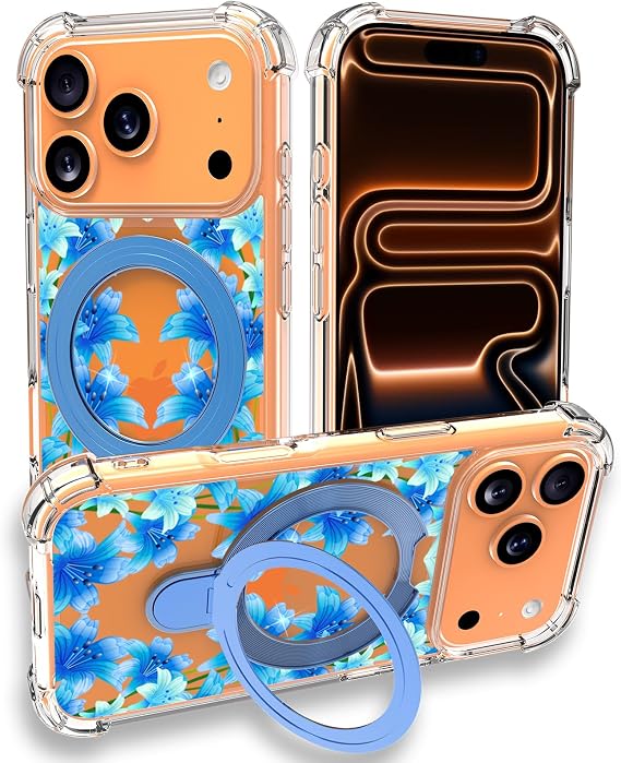クリア磁気カバーリングスタンド ミリタリーグレード スリムケース iPhone 17 Pro Max用 - ブルーリリーフラワー