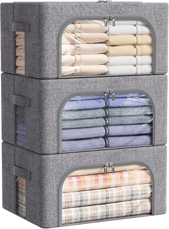 Lifewit 3 Pieces Clothes Storage Boxes with Metal Frame, Stackable Closet Organizer, Clothes Storage Bags, Clothes Storage Bags, Duvets, Quilts, Light Grey, 25L