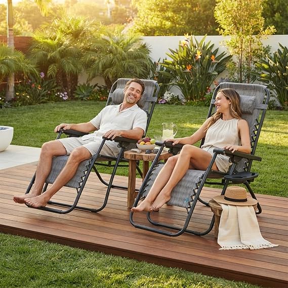 Alivio Zero Gravity Chair Sunloungers, Adjustable Reclining Outdoor Chair, Garden Patio Relaxer Chairs Sun Loungers, Heavy Duty Folding Chair with Mobile Cup Holder & Headrest Pillow (Grey, Set of 2)
