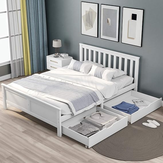 Wooden Solid White Pine Storage Bed with Drawers, 4FT6 Double Bed Frame 190x135cm, Durable Slatted Base, Modern Design for Adults, Kids, and Teenagers (White) - NO MATRESS