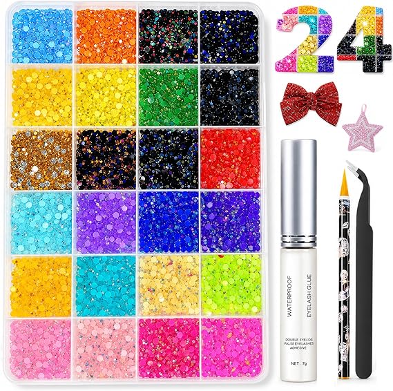 Bedazzling Kit 24 Colors 3mm Flat Back Rhinestones with Tweezers & Pen for DIY Nail Art, Crafts, Clothes, Shoes, Sparkling Nail Gems Crystals Set