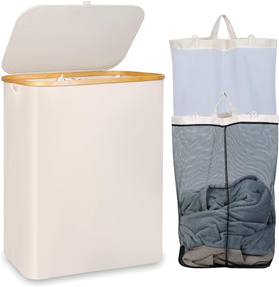 iEGrow Washing Basket for Laundry 150L XL－Extra Large 2 Compartments Laundry Basket with Bamboo Handle and Lid, Dirty Clothes Storage Folable Laundry Hamper for Clothes Toys Towels (Beige)