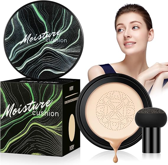 Mushroom Head Air Cushion CC Cream, Beauty Mushroom Air Cushion CC Cream, Cushion Foundation Concealer Make Up for Face Neck, BB Cream Moisturising Brightening Even Skin Tone (Ivory White)