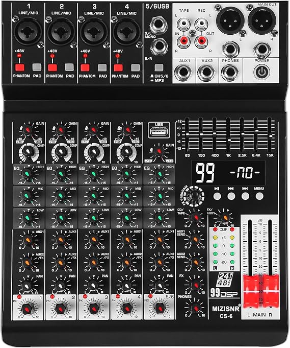 Audio Mixer 6 Channel Sound Mixer Console, Professional Music Mixing Board DJ Mixer w/ 99 DSP, 7-band EQ, USB, Bluetooth, 48V Phantom Power & PAD Function for Recording PA Live Live Streaming