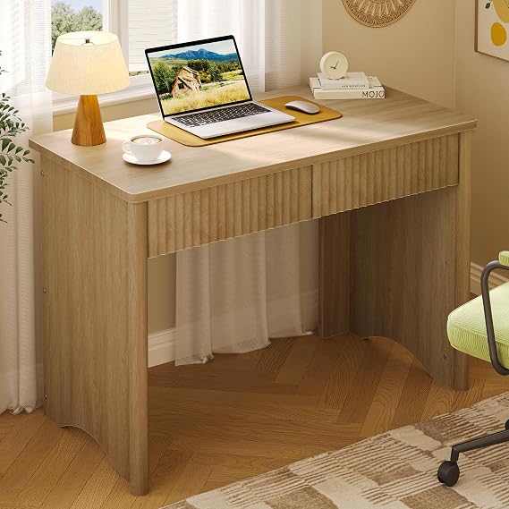 Bestier 100CM Fluted Computer Desk with 2 Drawers, Small Wooden Writing Study Work Desk, Computer Table, Compact Executive Home Office Desk for Small Spaces, Bedroom, Study, Living Room，Oak