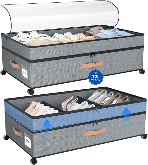 Under Bed Storage on Wheels, 2 Pack 72L Adjustable Underbed Drawers
