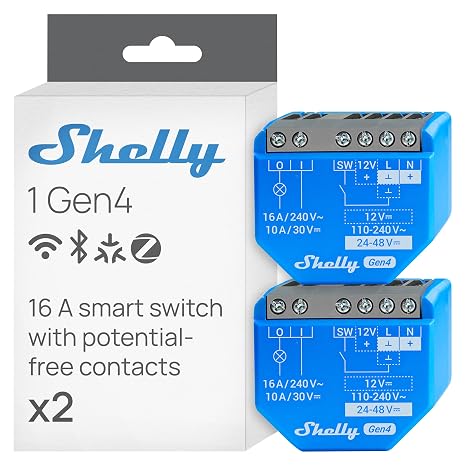 Shelly 1 Gen4 Wireless Switch Module Matter Zigbee Wi-Fi 1 Channel 16A Dry Contacts Garage Door Opener Relay App and Voice Control Alexa, Google and Apple HomeKit - 2 Pieces