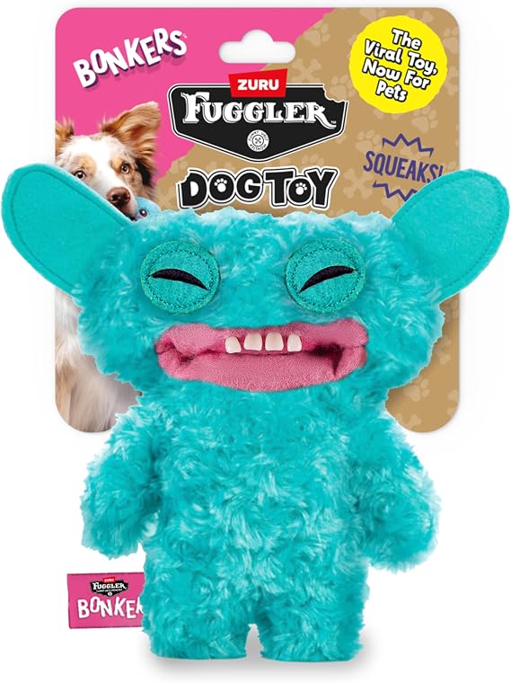 Bonkers Fuggler Grin Grin Grin Squeaky & Plush Dog Toy Playtime, Blue, 8"