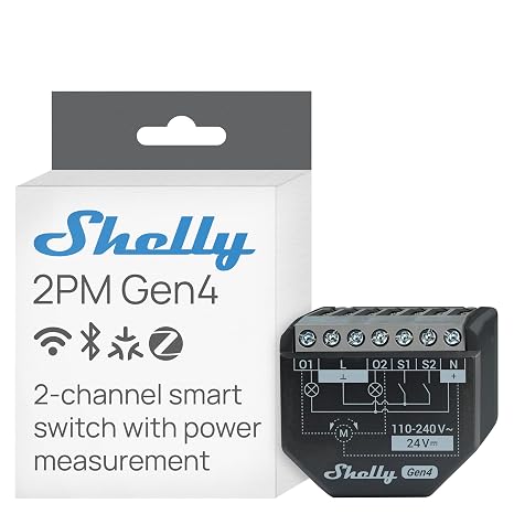 Shelly 2PM Gen4 – Shutter Switch Module with Matter, Zigbee, Wi-Fi, 2 Channels 8A, Electrical Consumption, Wireless Control by App and Voice Alexa, Google, Apple HomeKit