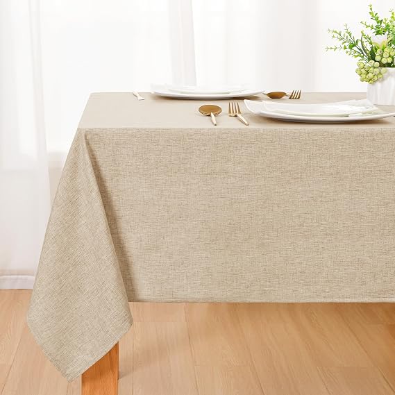 DWCN Beige Linen Tablecloth, Washable, Linen Look 100 x 140 cm, Soft Tablecloth, Waterproof, Outdoor, Weather-Resistant, for Living Room, Dining Room, Balcony, Garden, Weddings