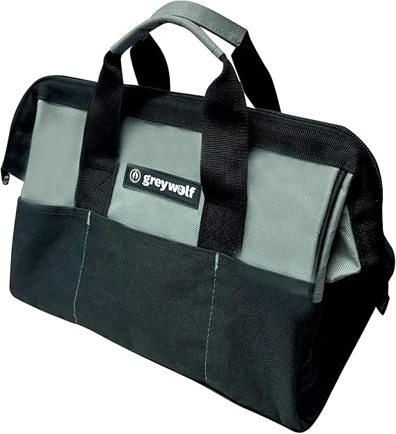 Greywolf 12 inch heavy duty tool bag, tool tote bag, 600D reinforced material with 6 large pockets, padded handles, wide mouth tool bag is perfect for construction electricians, mechanics