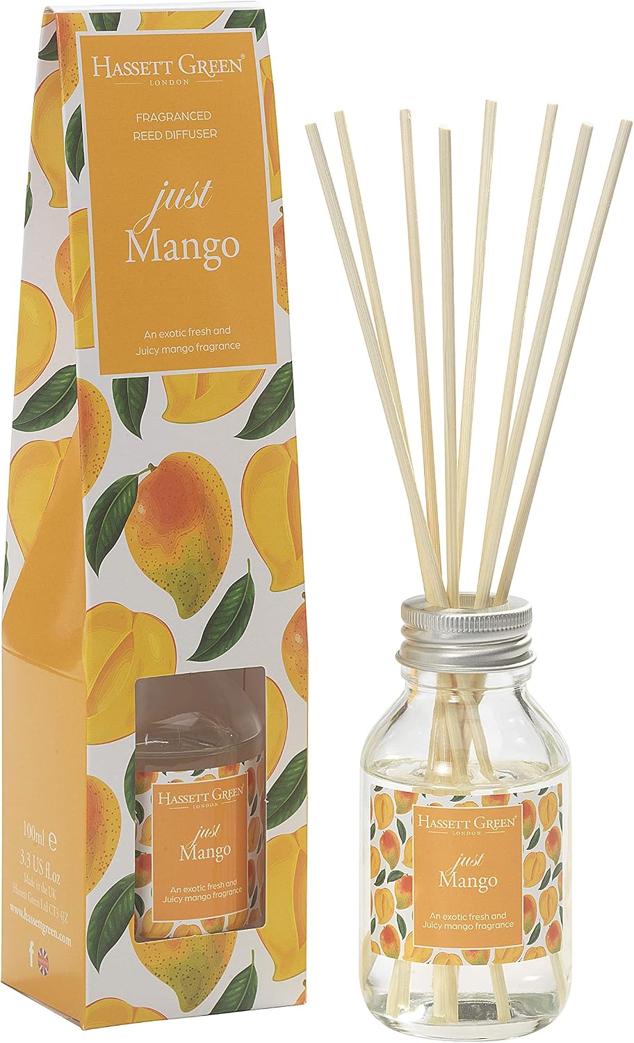 Hassett Green London - Just Mango Fragrance Oil Reed Diffuser 100ml - Long Lasting Home Indoor Fragrance with 8 Rattan Reeds