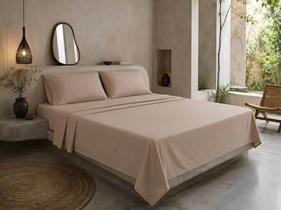 Yorkshire Bedding Flat Sheets Double 100% Egyptian Cotton 200 Thread Count Hotel Quality Beige Bed Sheets (225 cm x 275 cm)