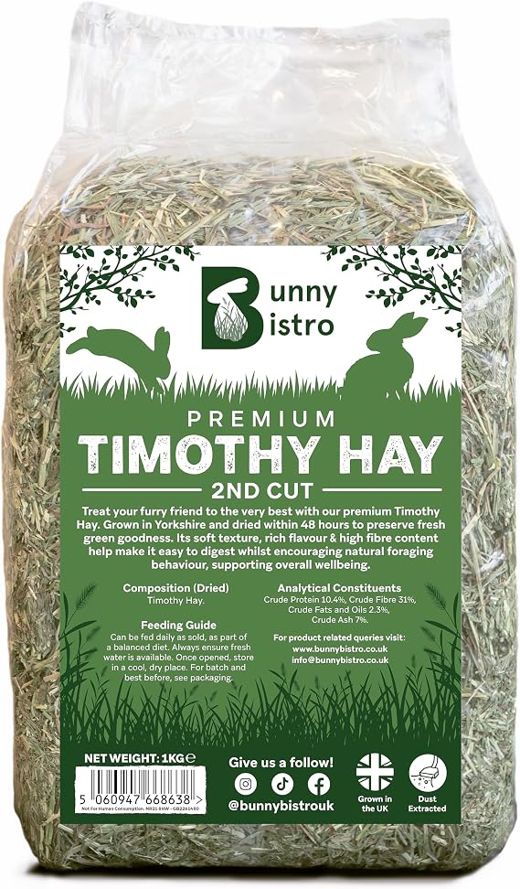 Bunny Bistro Premium Super Soft Timothy Hay 2nd Cut 1kg | Natural UK Grown Feeding Hay for Rabbits, Guinea Pigs & Small Animals, High in Fibre, Dental Care, Dust Extracted, Eco-friendly