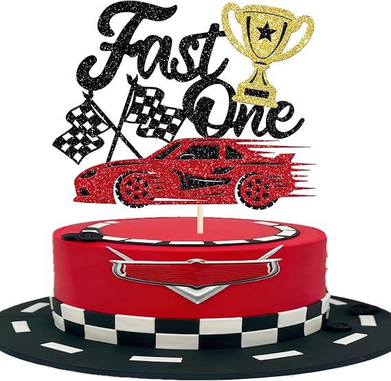 Fast One バースデーケーキトッパー キラキラ 赤 車 トロフィー フラッグ ケーキ ピック Let's Go レーシング テーマ 男の子 女の子 キッズ 1歳の誕生日パーティー ケーキデコレーション用品 1個パック