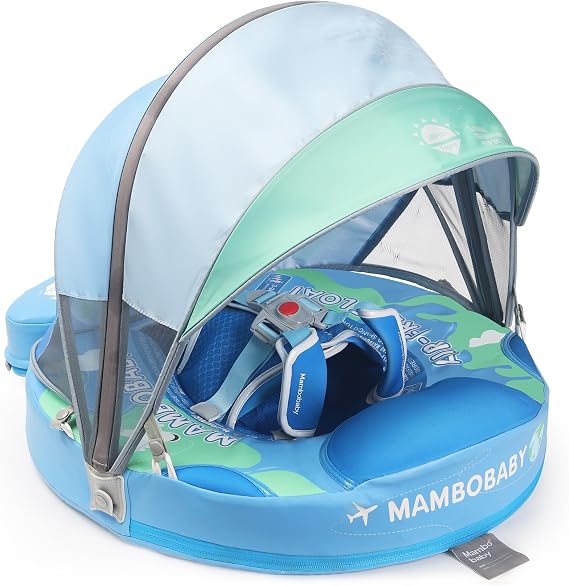 Mambobaby 浮き輪 アップグレード 尾を追加 ベビーフロート キャノピー付き 乳児用ウエスト水泳リング 水泳トレーナー 空気注入式浮き輪 おもちゃ 調節可能な安全ストラップ付きブルー - アース