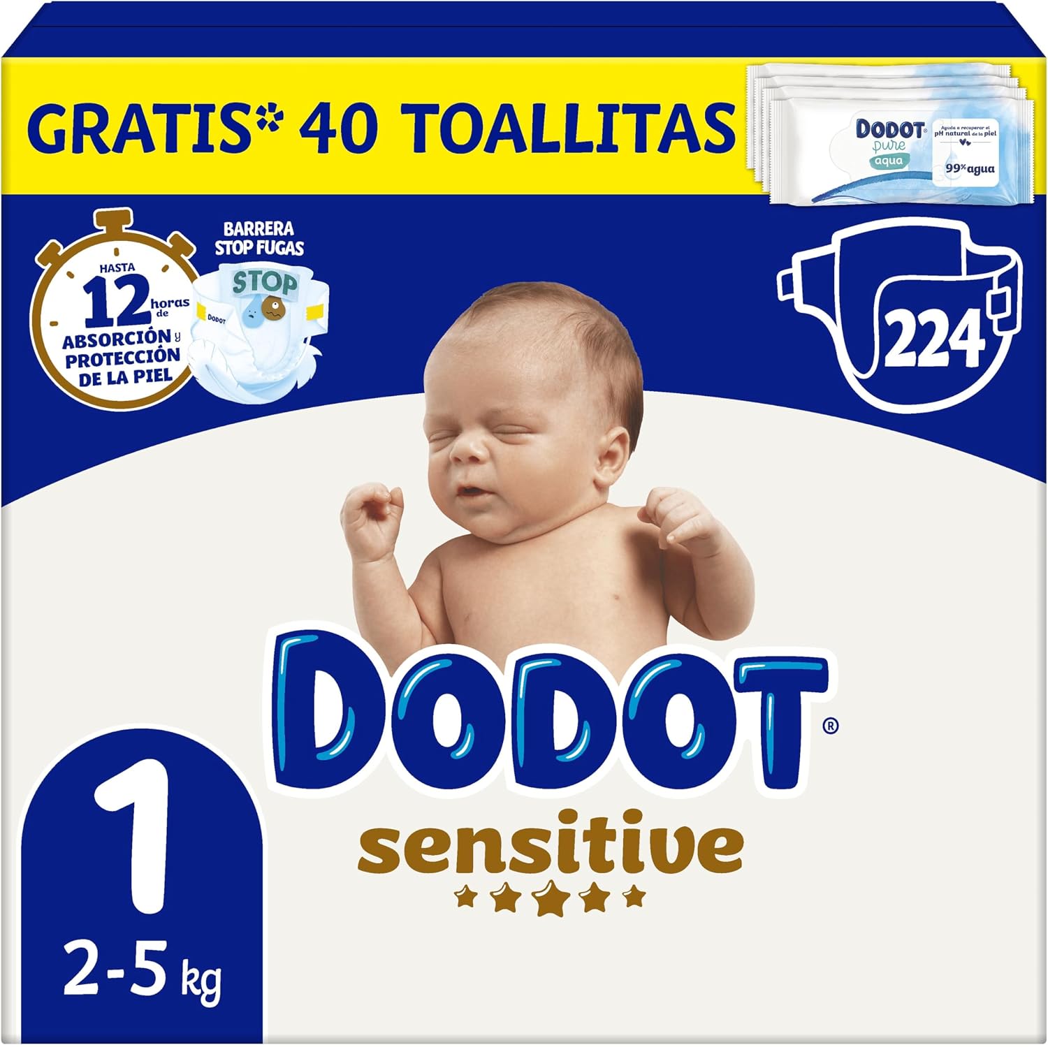 Dodot Sensitive Baby Diapers, Size 1 2-5 kg, 224 Nappies  Gift of 40 Aqua Pure Wipes 99% Water, Up to 12 h Anti-Leak Protection and Skin Care, Monthly Pack