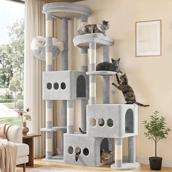 Gitelsnour Sturdy Cat Tree with 3 Large Cat Condos, 3 Platfroms, 180cm Cat Tree Tower for Indoor Cats Large Adult, Heavy Duty Cat Tower with 10 Scratching Posts for 20 lbs+Cats, Light Gray GCT036W