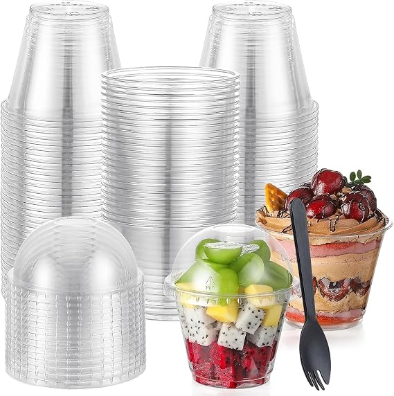 LATERN 50Pcs Plastic Dessert Cups with Dome Lids, 270ml Round Dessert Cup Clear Parfait Appetizer Cup Reusable Serving Bowl with Sporks for Desserts Pudding Mousse Party (9.5cm x 7cm)