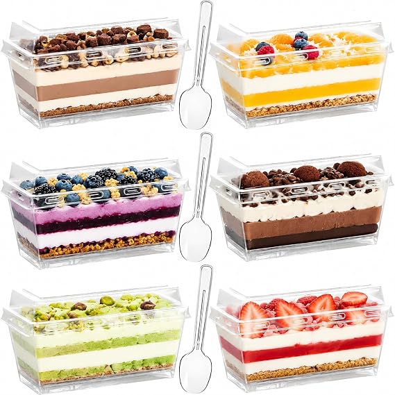 50 Pack Plastic Dessert Cups with Lids and Spoons for Parties Events