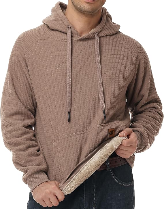 YuKaiChen Men's Fleece Hoodie Thick Pullover Sherpa Lined Waffle Outer Fabric Winter Warm Sweatshirt with Kangaroo Pocket