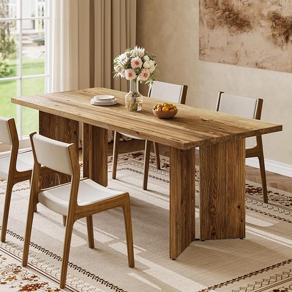 Solid Wood Dining Table for 4-6, 63-Inch Rustic Brown Kitchen Dinner Table with Large Tabletop, Farmhouse Style Rectangular Dinner Furniture for Dining Room, Living Room, Kitchen